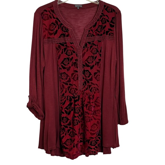 Velvet Burnout Rose Print Whimsygoth Tunic Top L Long Sleeve Crochet (3038) Trim - Picture 1 of 10